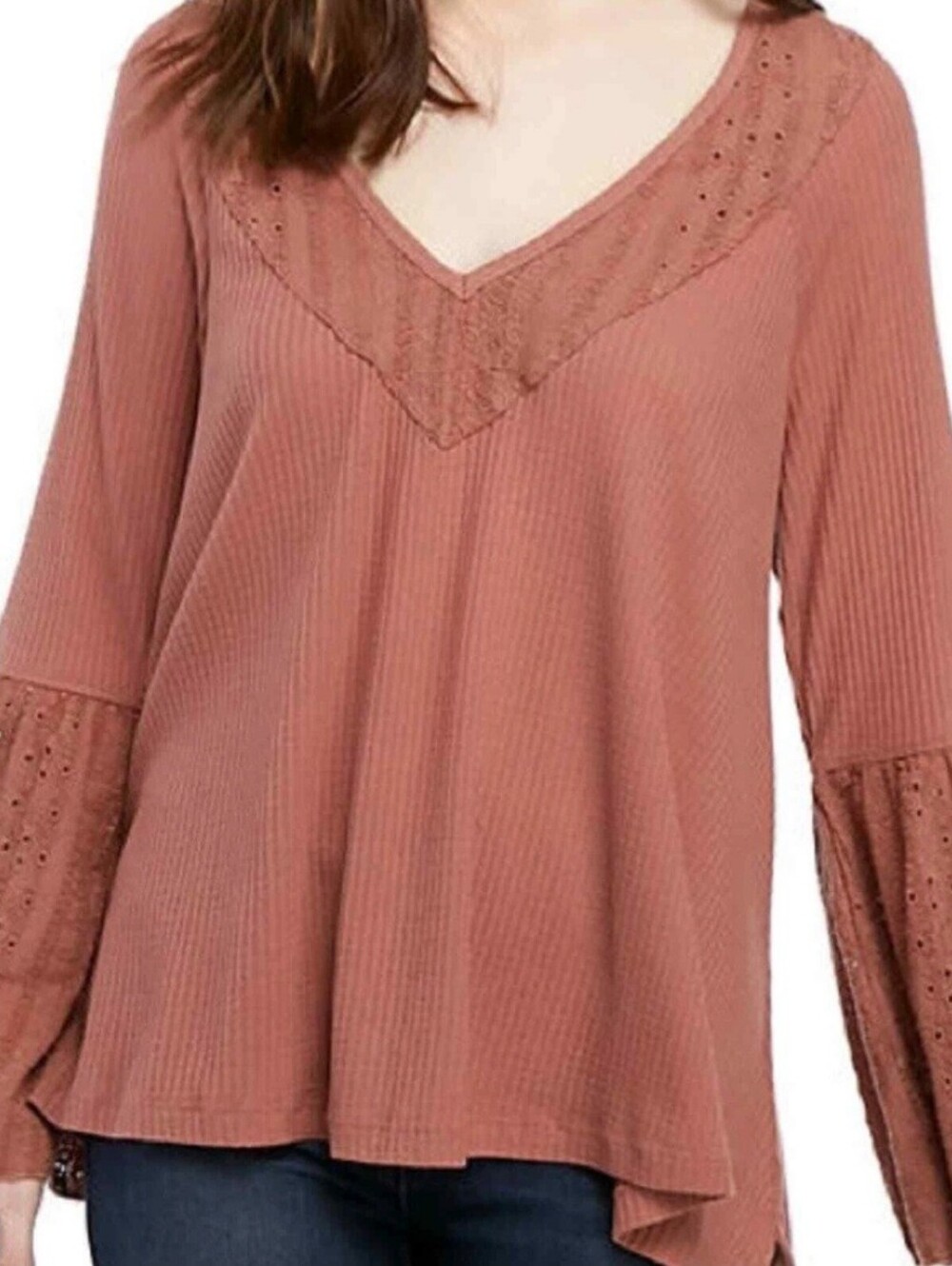 FP Top, NEW! Size S, "Sayluita" Dusty Pink, Waffle Knit, Lace Detail